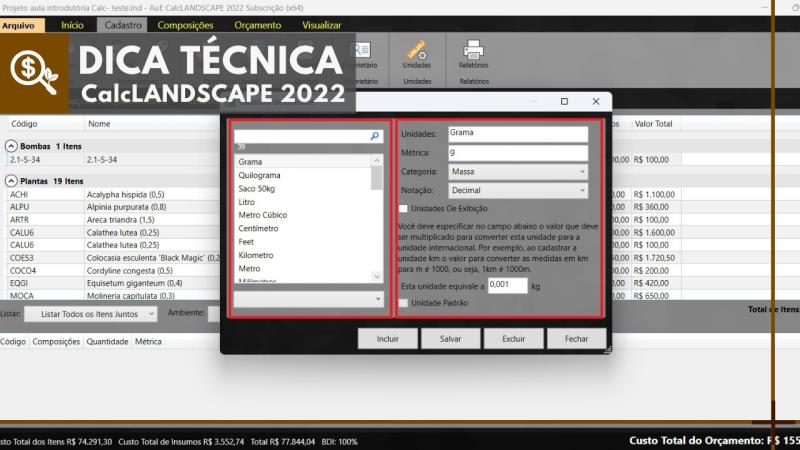 CalcLANDSCAPE 2022: Cadastro de novas unidades de medida