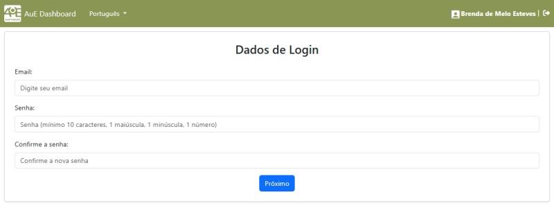 Área de cadastro do Dashboard AuE