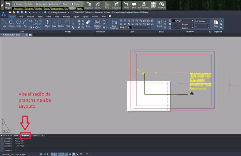 Prancha de apresentação na aba Layout1, no AutoCAD