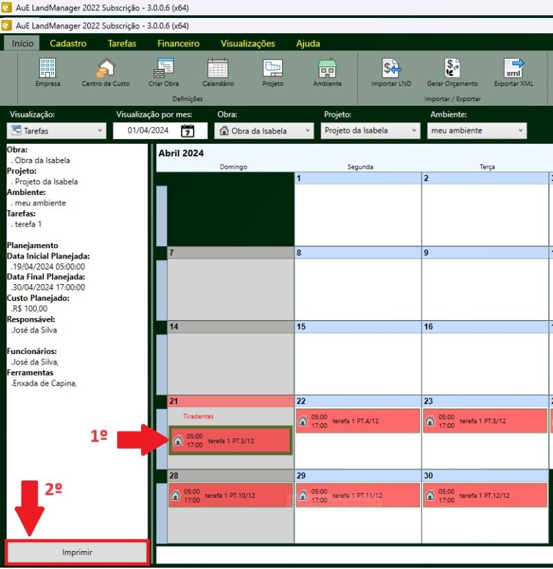 Imprimindo relatório de ordem de serviço de uma tarefa com o LandMANAGER