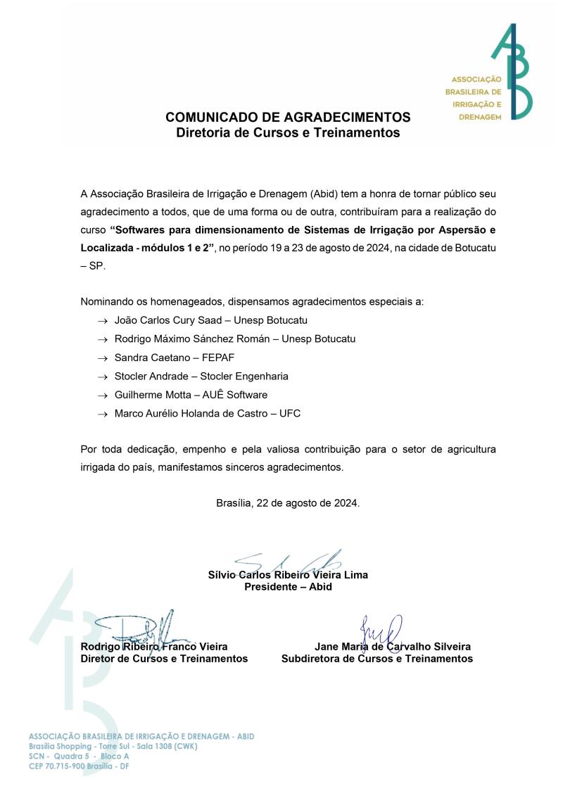  Comunicado de agradecimento aos participantes do curso