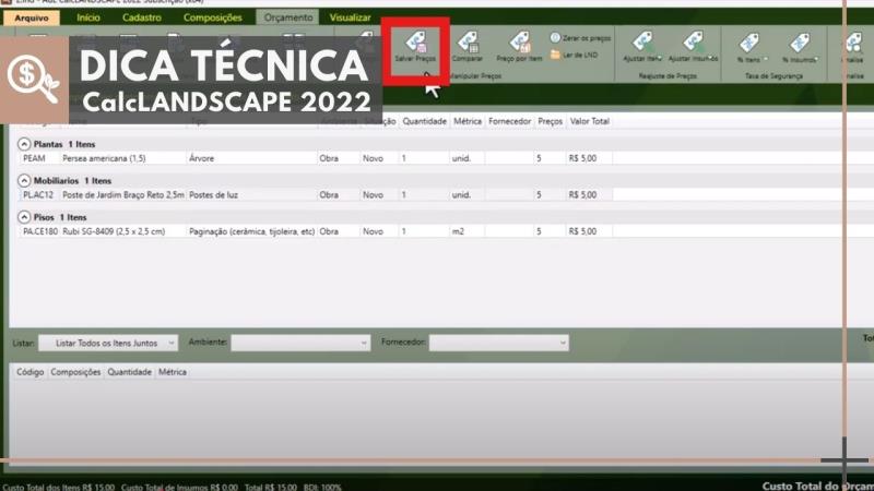 CalcLANDSCAPE 2022: Como utilizar o botão ler preços